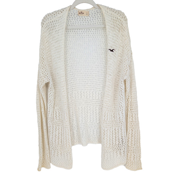 VTG Y2K Womens Hollister Cream Woven Open Front Preppy Cardigan Sweater Large - Picture 1 of 8